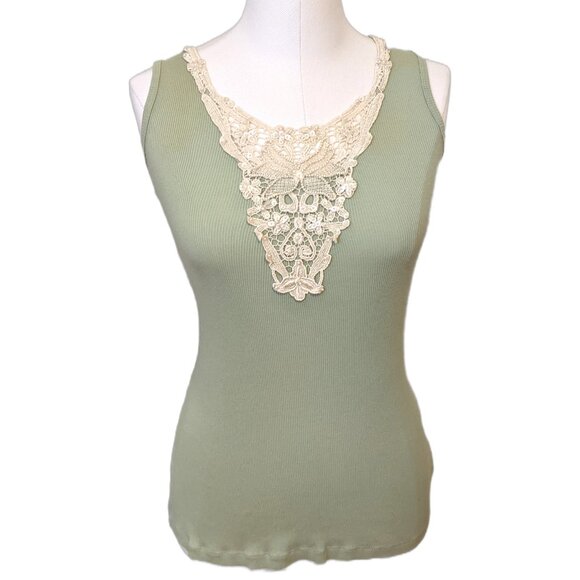 Womens Pastel Green Tank Top Fairy Coquette Beaded Lace Detail Summer Sz L - Picture 1 of 8